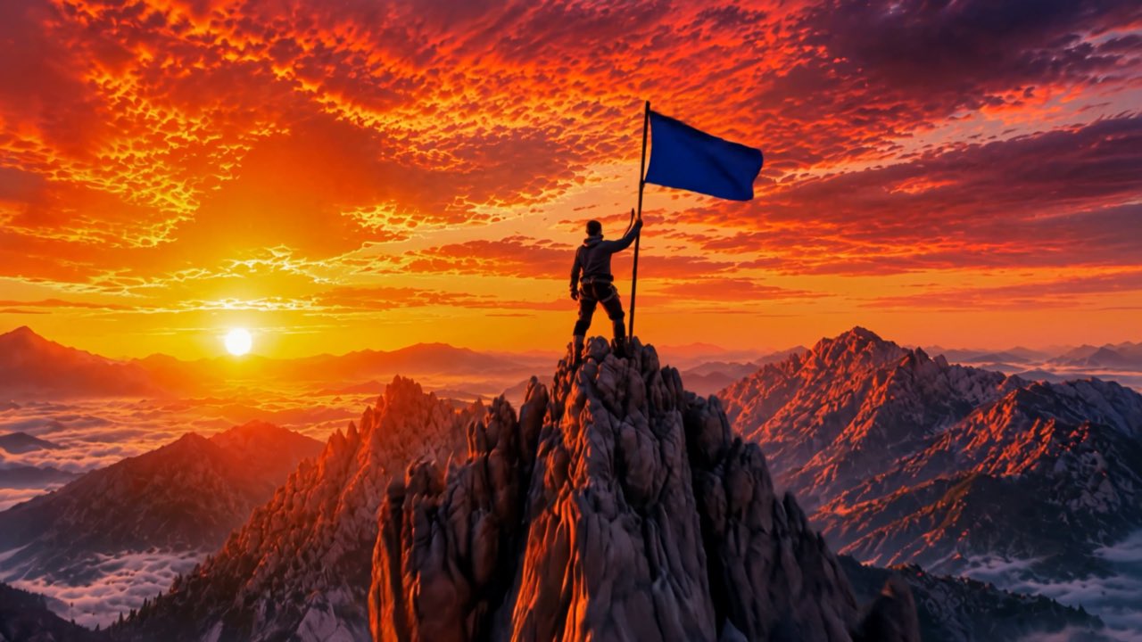 A climber standing on a mountain summit at sunrise, planting a flag
